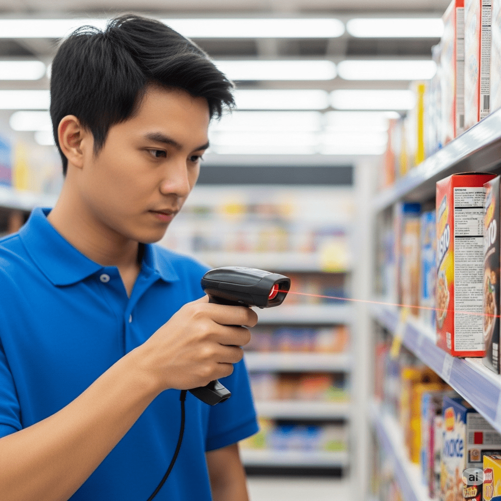 Staff using barcode scanner to scan product
