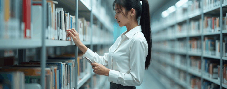 A young Asian woman with long black hair, wearing a formal office wear, in a classic company library, examining the lower shelves for a specific title.