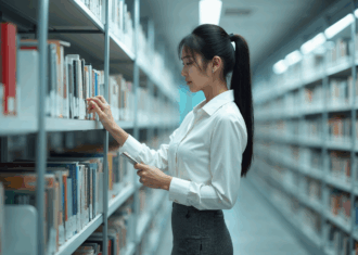 A young Asian woman with long black hair, wearing a formal office wear, in a classic company library, examining the lower shelves for a specific title.