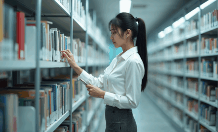 A young Asian woman with long black hair, wearing a formal office wear, in a classic company library, examining the lower shelves for a specific title.
