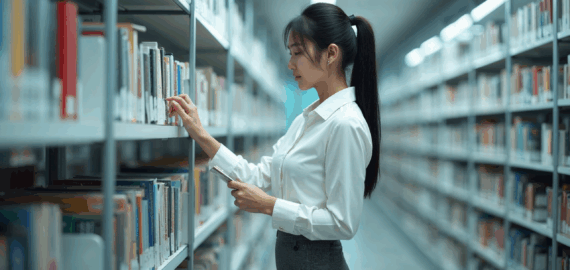 A young Asian woman with long black hair, wearing a formal office wear, in a classic company library, examining the lower shelves for a specific title.