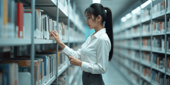 A young Asian woman with long black hair, wearing a formal office wear, in a classic company library, examining the lower shelves for a specific title. A young Asian woman with long black hair, wearing a formal office wear, in a classic company library, examining the lower shelves for a specific title.