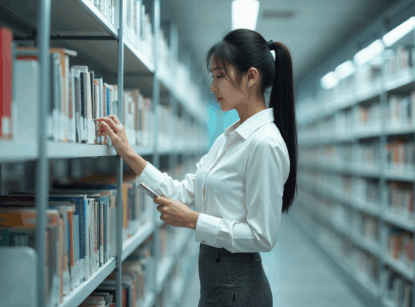 A young Asian woman with long black hair, wearing a formal office wear, in a classic company library, examining the lower shelves for a specific title.