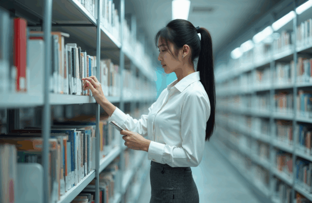 A young Asian woman with long black hair, wearing a formal office wear, in a classic company library, examining the lower shelves for a specific title.