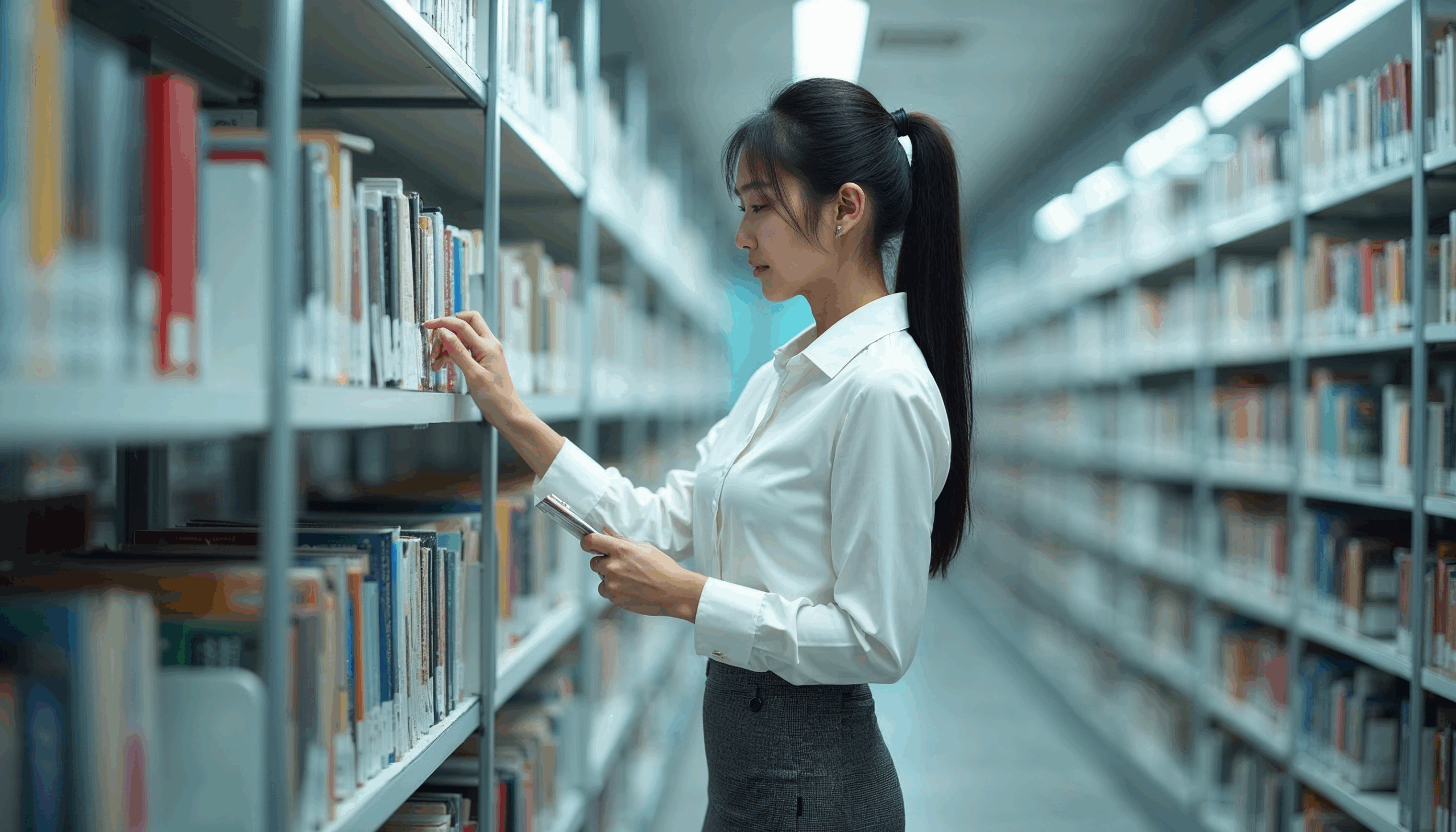 A young Asian woman with long black hair, wearing a formal office wear, in a classic company library, examining the lower shelves for a specific title.