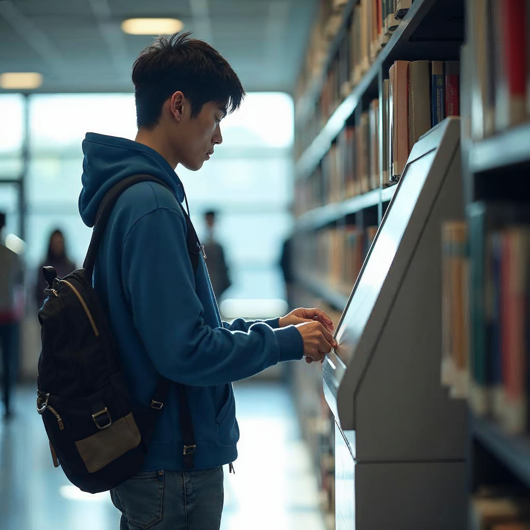 student checking out his book