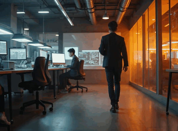 Guy walking out of office