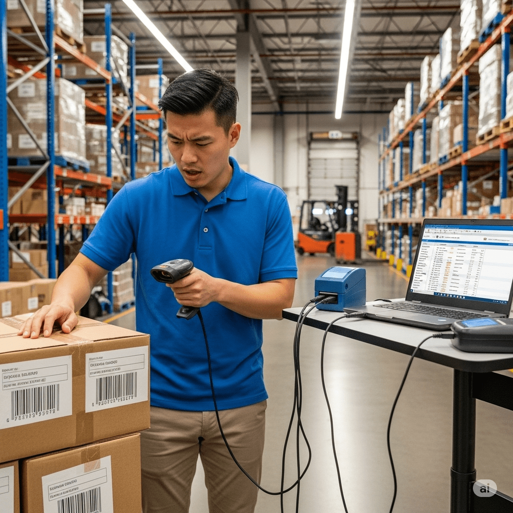 staff using barcode scanner to scan carton boxes